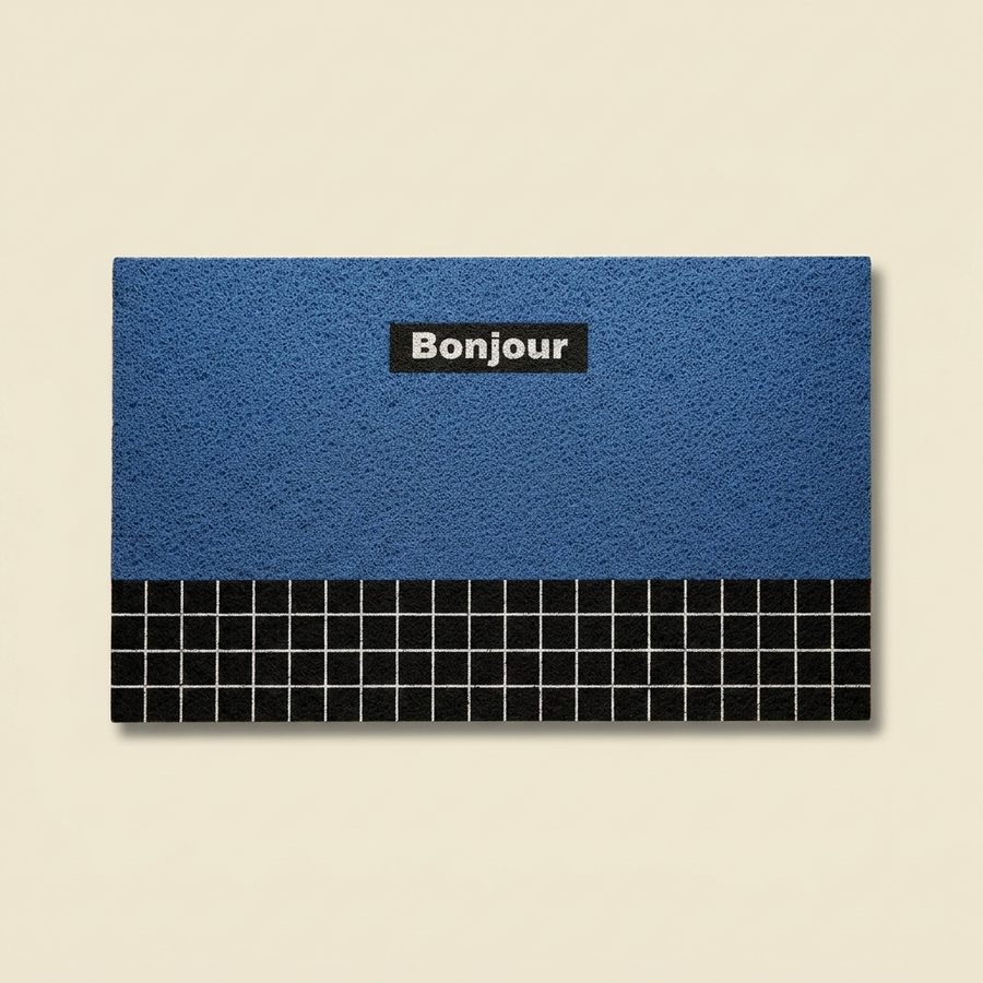 Blue Bonjour doormat in retro geometric PVC
