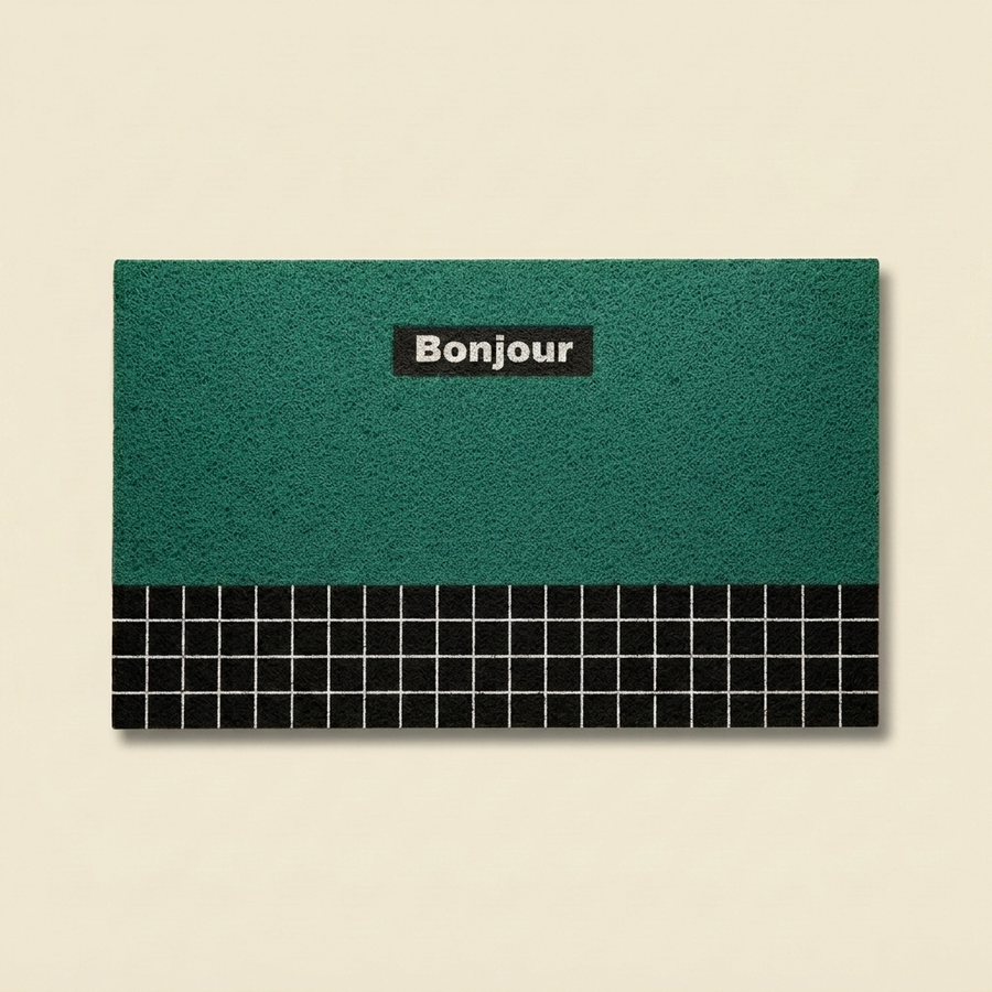Green Bonjour doormat in retro geometric PVC