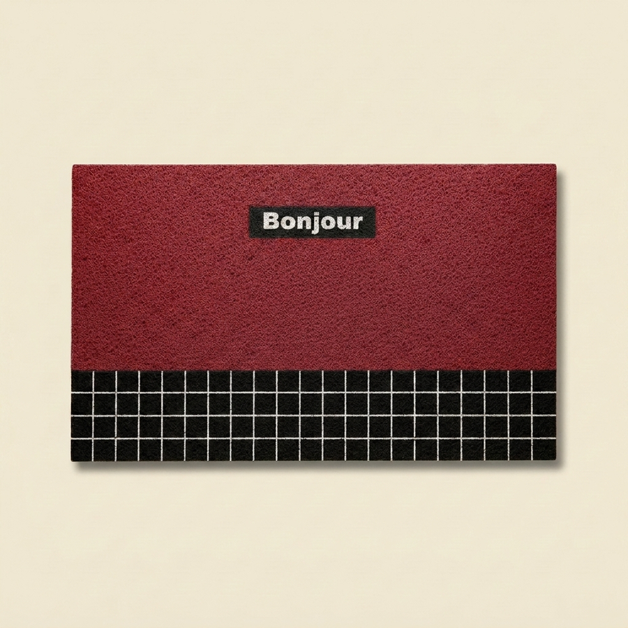 Red Bonjour doormat in retro geometric PVC