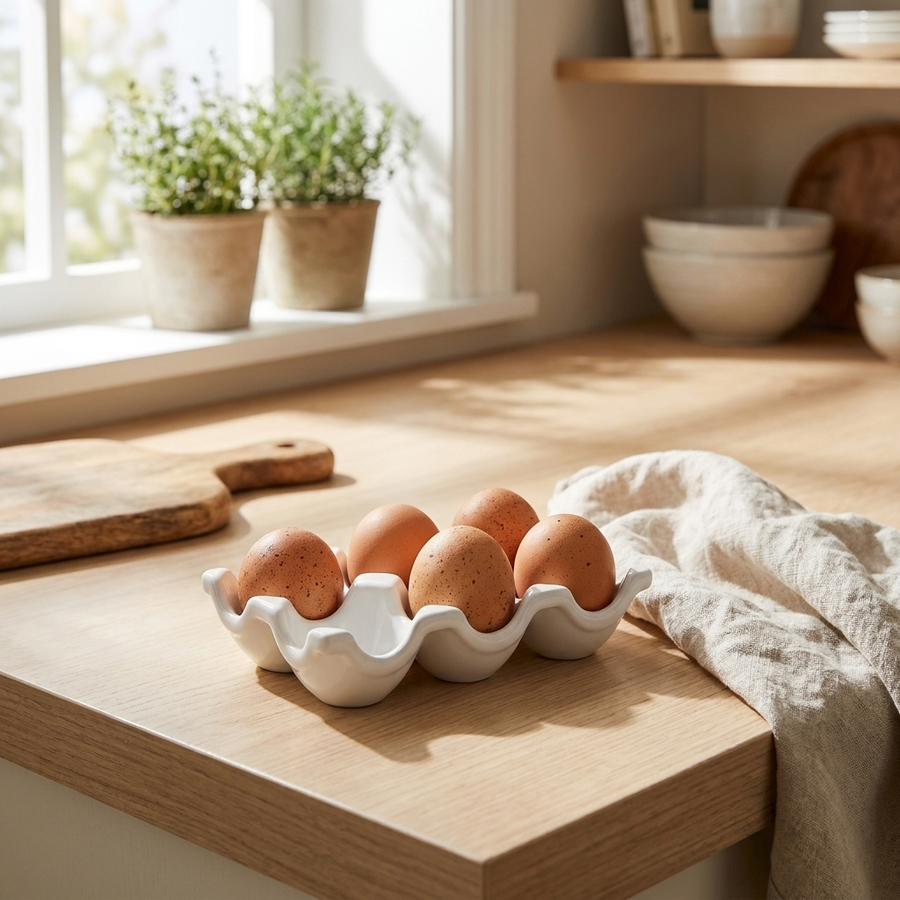 Ceramic egg tray holding eggs on a kitchen counter