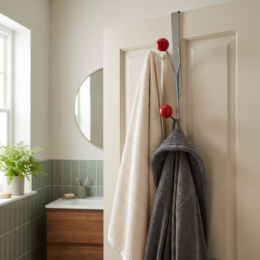 Nomad over-door rack on a bathroom door holding a towel and robe