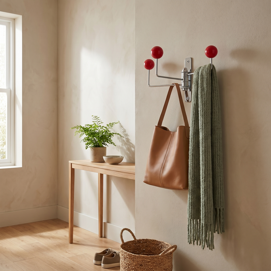 Pirouette swivel hook in a hallway holding a leather tote and scarf