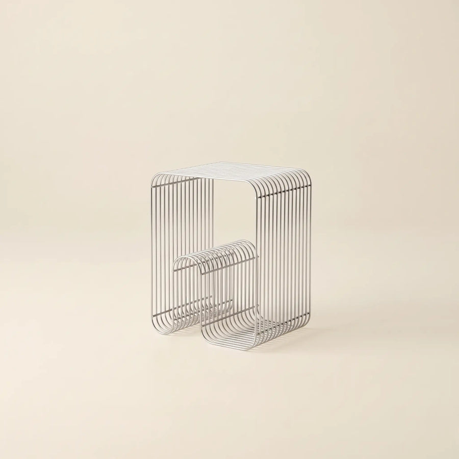 Linea Side Table in Silver — polished stainless steel wire side table and magazine rack