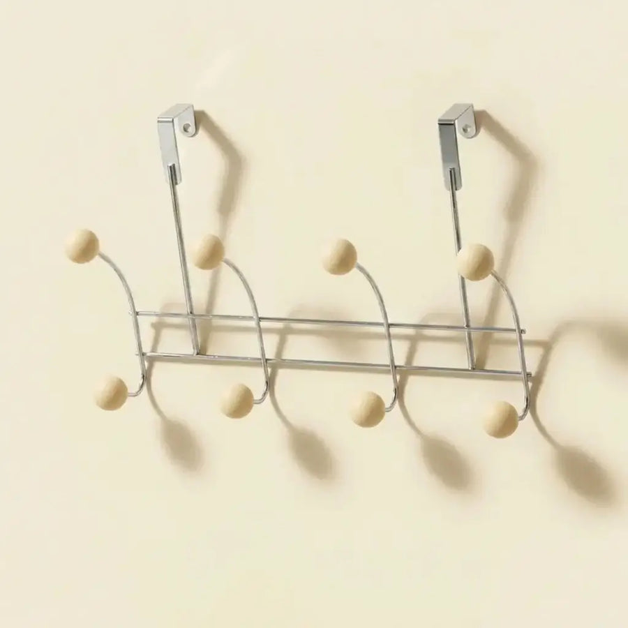 Over-Door Nomad Rack in Chrome and Wood — 4 Hooks in Beige