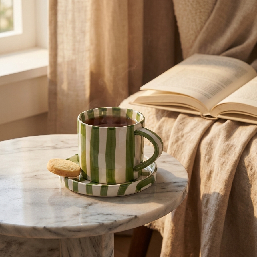 Striped ceramic cup and saucer set for afternoon tea