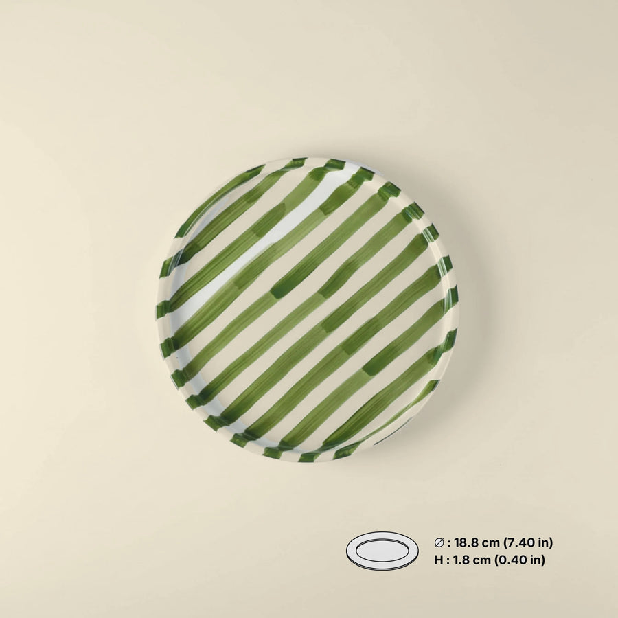 Green hand-painted striped ceramic plate 18.8 cm