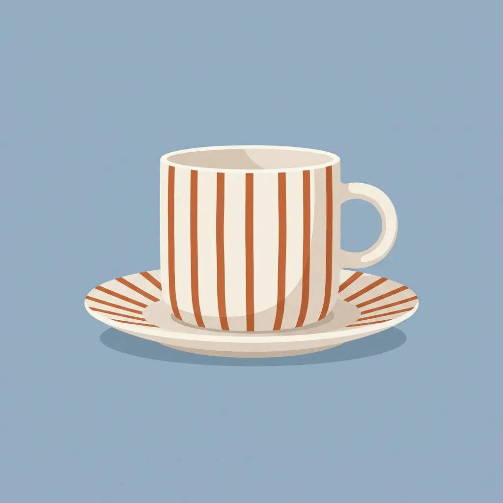 Flat illustration of a cream ceramic cup and saucer with terracotta hand-painted stripes on a dusty blue background