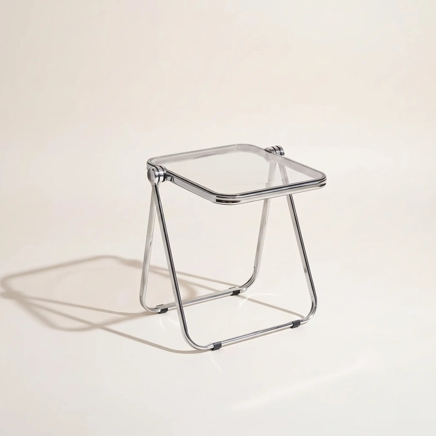 Lucent Tray Table in Clear — colourless transparent acrylic top, chrome A-frame folding base