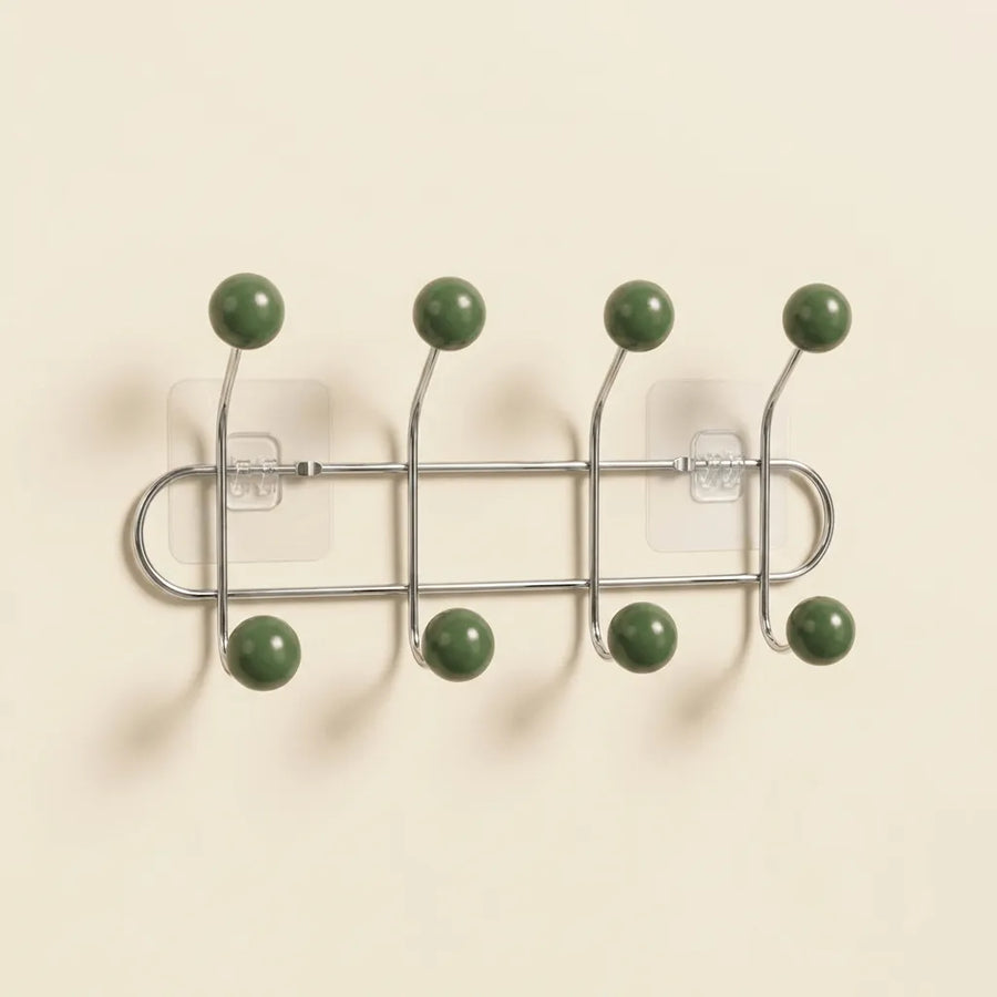 Dark Green Wall Mounted Orbit Hook Rail in Chrome and Wood