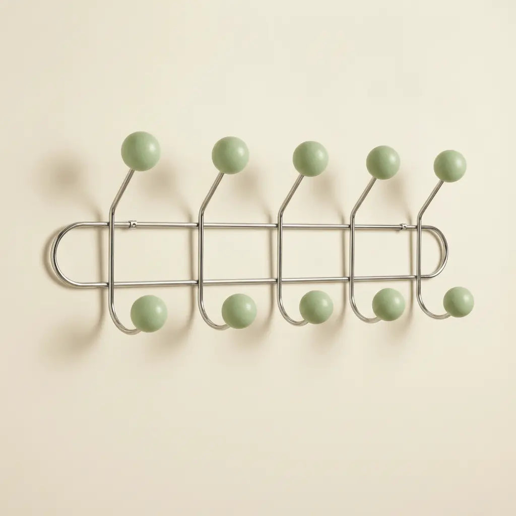 Light Green Wall Mounted Orbit Hook Rail in Chrome and Wood