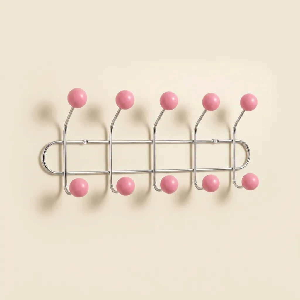 Pink Wall Mounted Orbit Hook Rail in Chrome and Wood