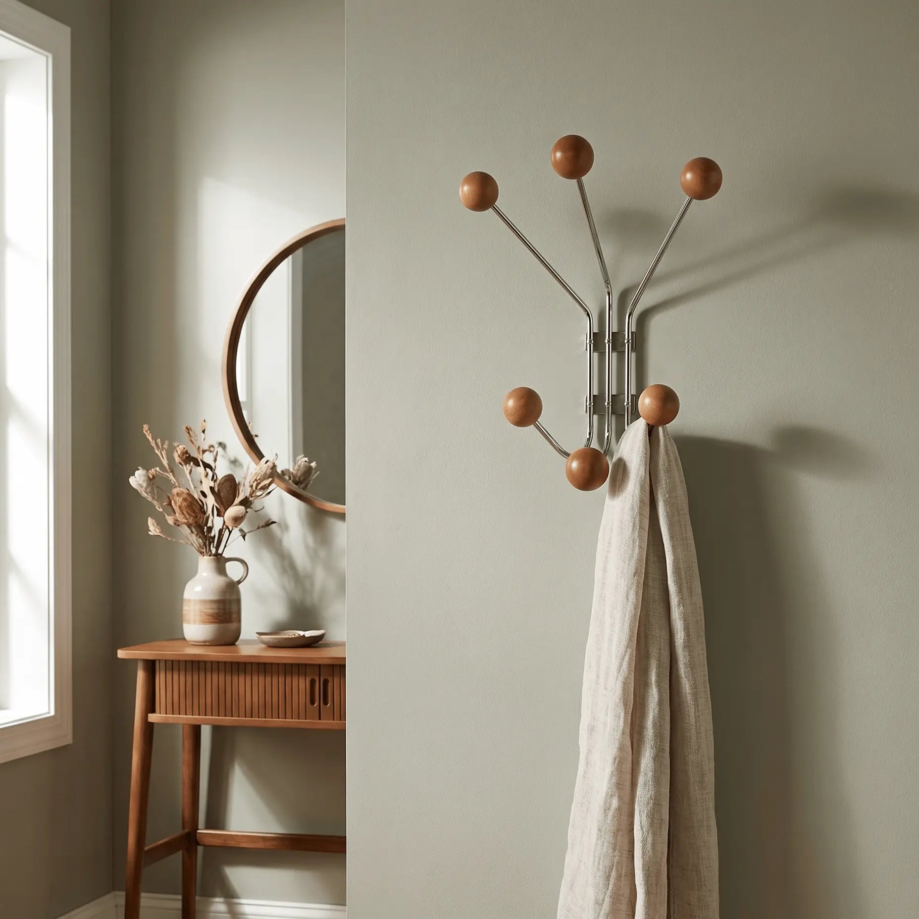 Wall Mounted Stellar Coat Rack in Chrome and Wood — alternate view 3