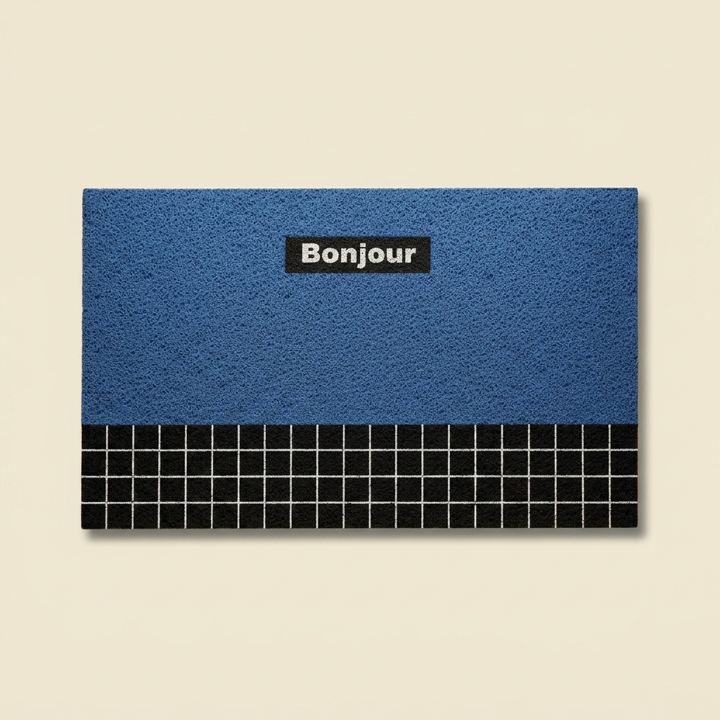 Blue Bonjour doormat in retro geometric PVC