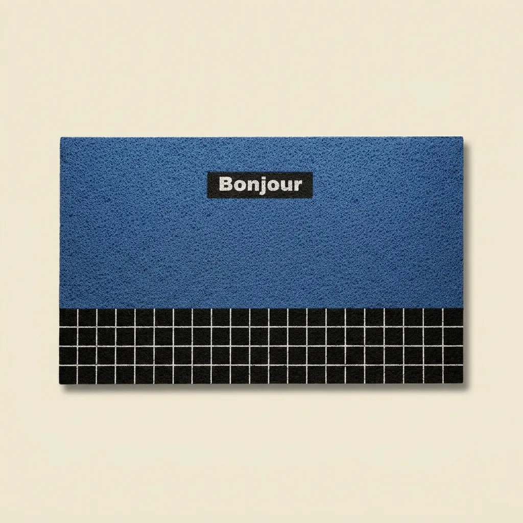 Blue Bonjour doormat in retro geometric PVC
