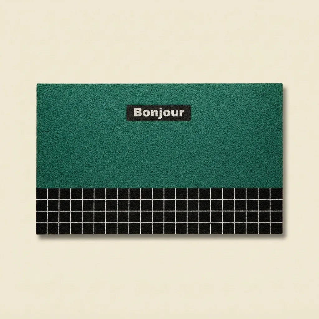 Green Bonjour doormat in retro geometric PVC