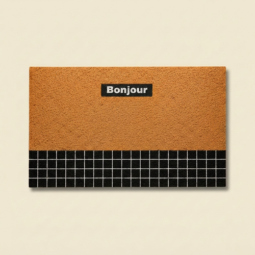 Orange Bonjour doormat in retro geometric PVC