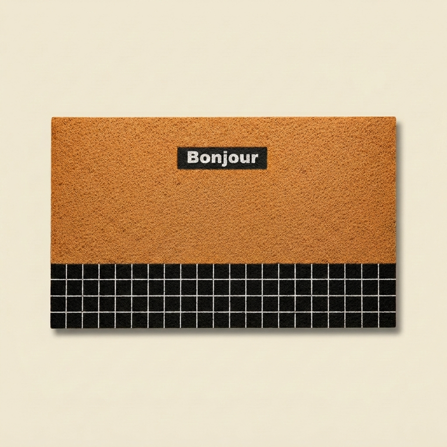 Orange Bonjour doormat in retro geometric PVC