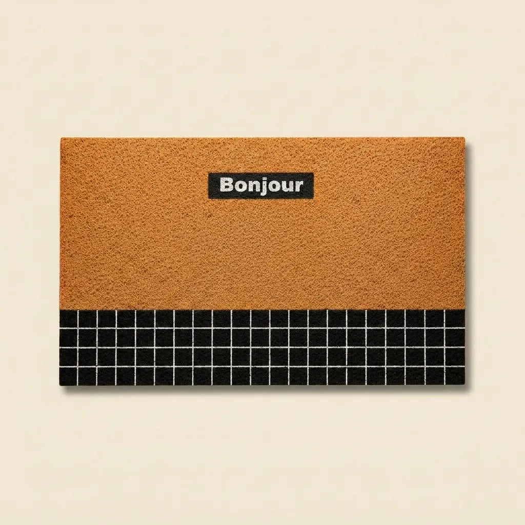 Orange Bonjour doormat in retro geometric PVC