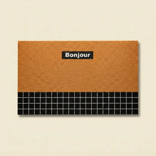 Orange Bonjour doormat in retro geometric PVC
