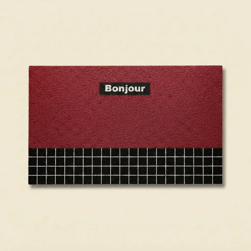 Red Bonjour doormat in retro geometric PVC