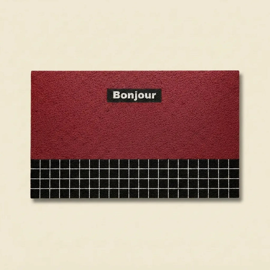 Red Bonjour doormat in retro geometric PVC