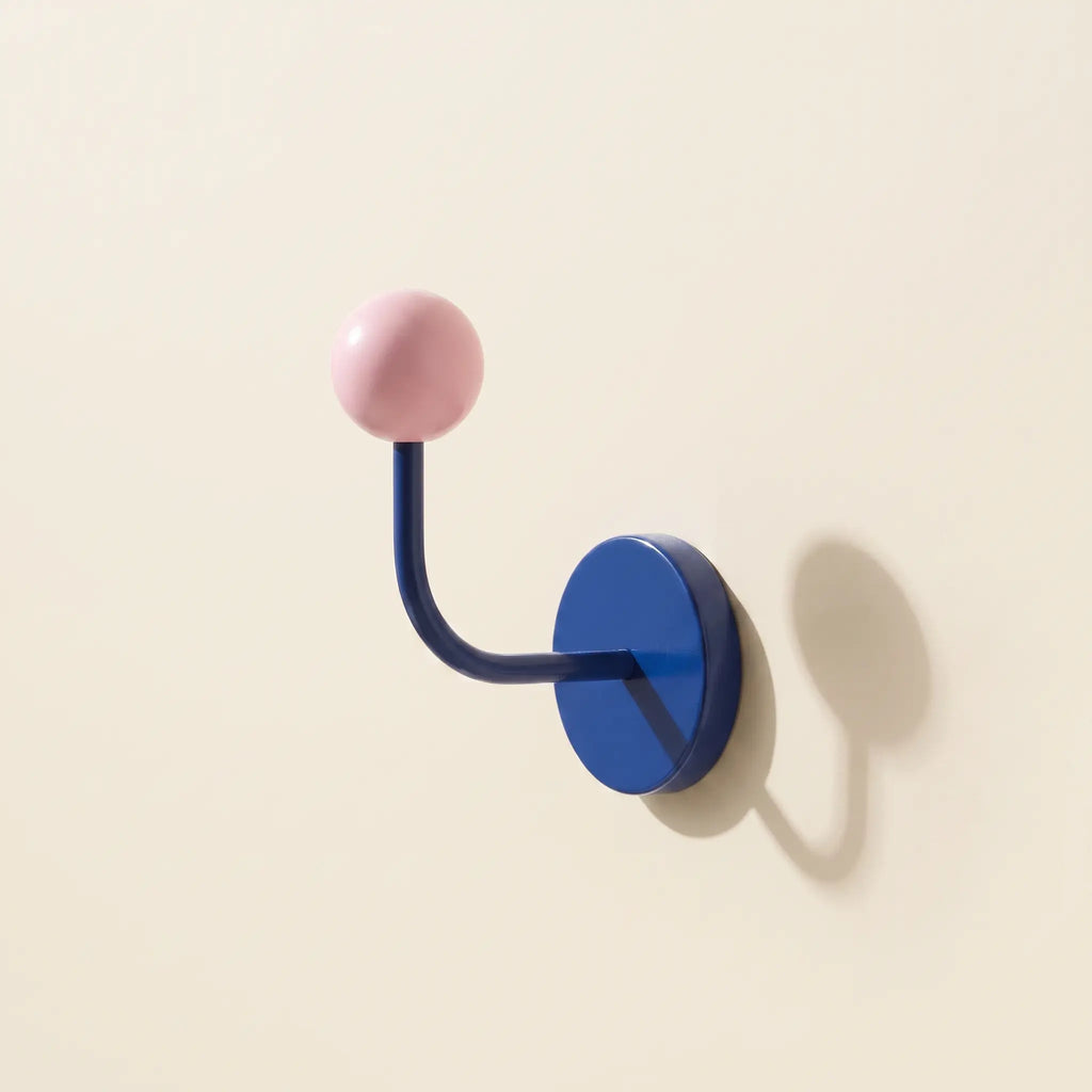 Magnetic Dot Hook in Blue — blue iron magnetic base and arm with pink solid-wood ball