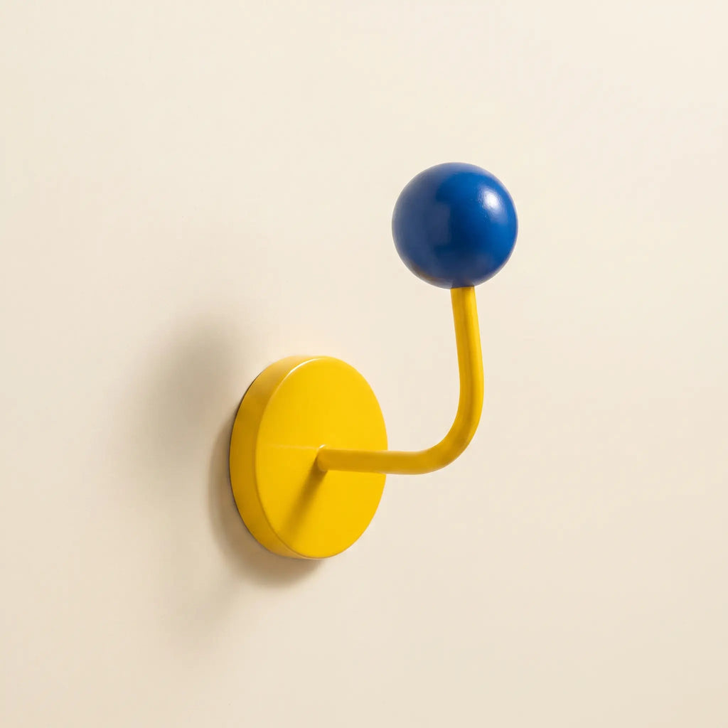 Magnetic Dot Hook in Yellow — yellow iron magnetic base and arm with blue solid-wood ball