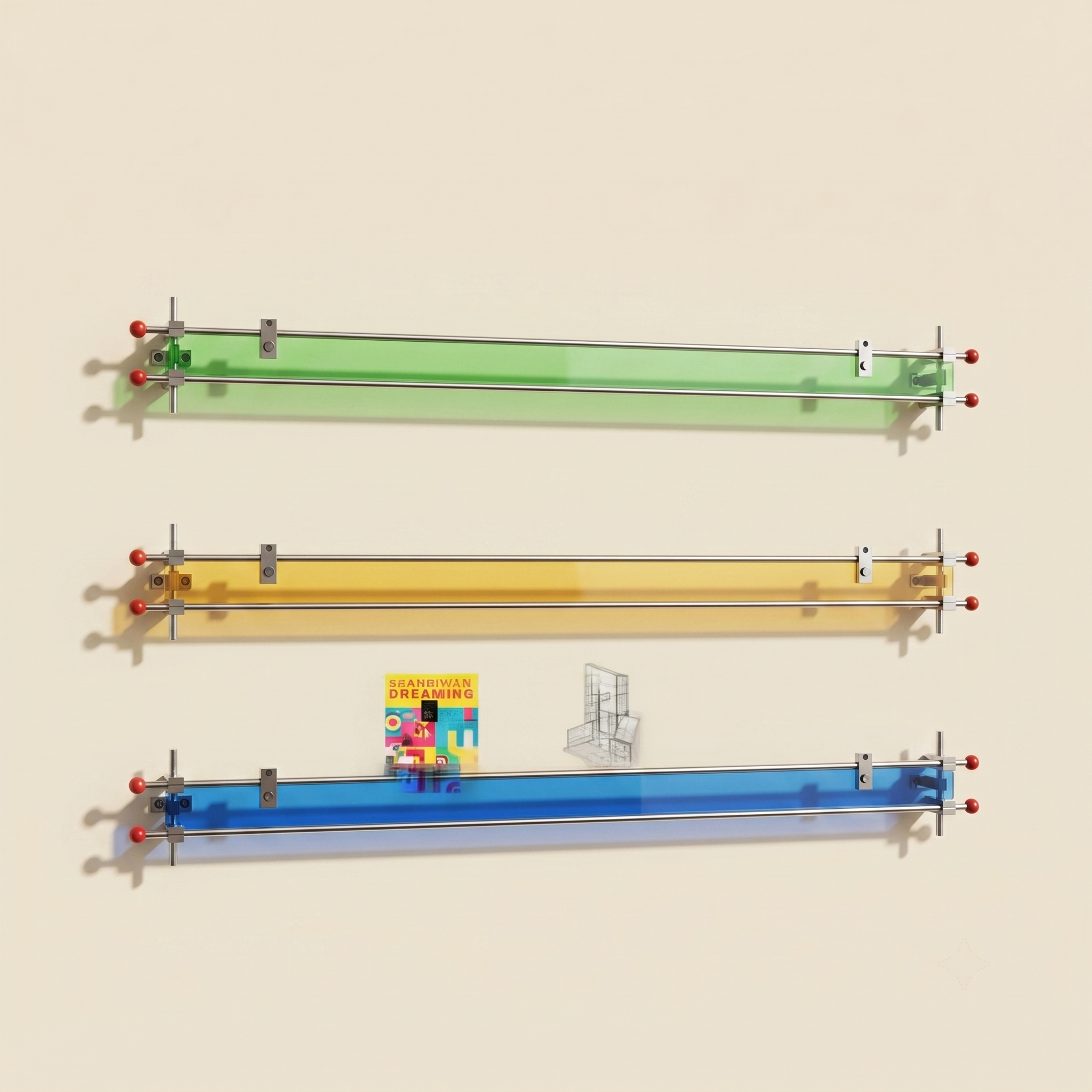 Spectrum Acrylic Shelf with a chrome-plated frame mounted on a wall, holding decor objects