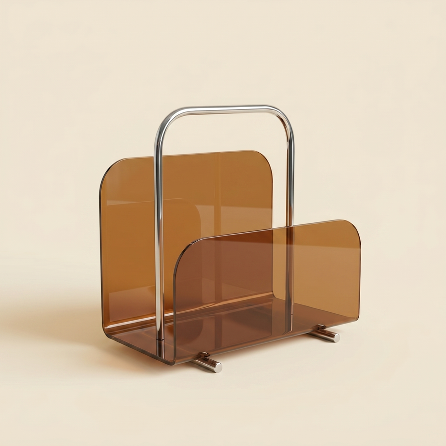 Lucite Lumen Magazine Stand with a polished chrome carry handle, holding magazines