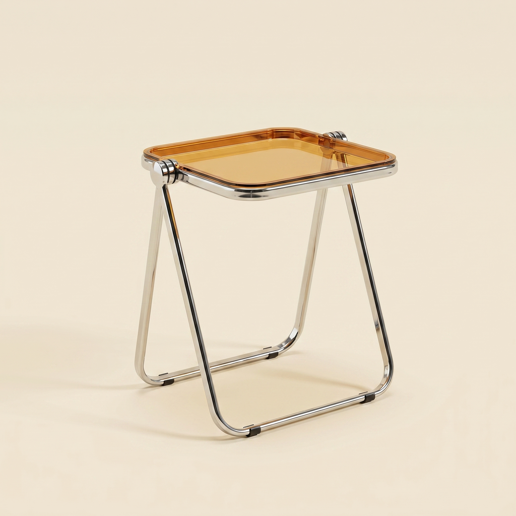 Clear Acrylic Lucent Tray Table on a polished steel A-frame