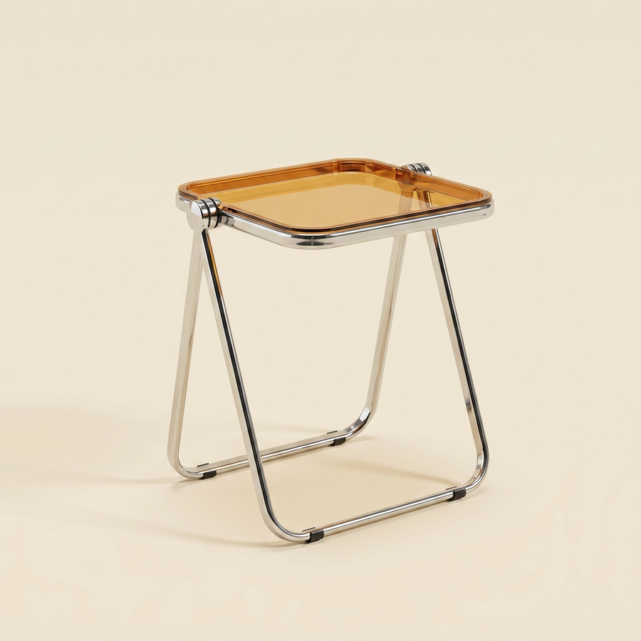 Clear Acrylic Lucent Tray Table on a polished steel A-frame