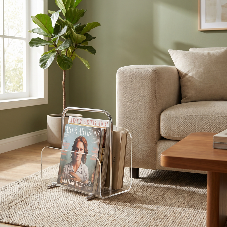 Lucite Lumen Magazine Stand with Chrome Handle