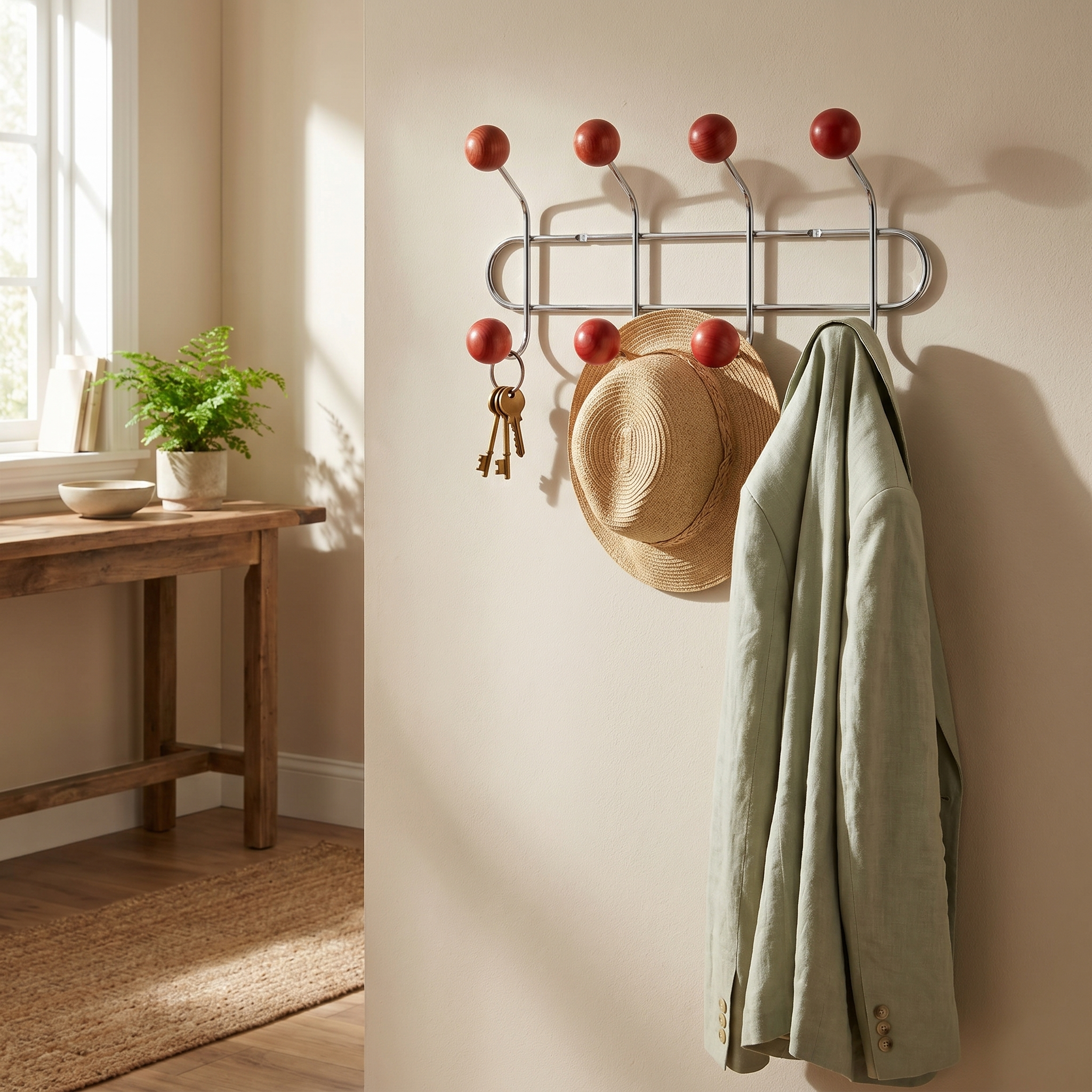 Wall Mounted Orbit Hook Rail in Chrome and Wood