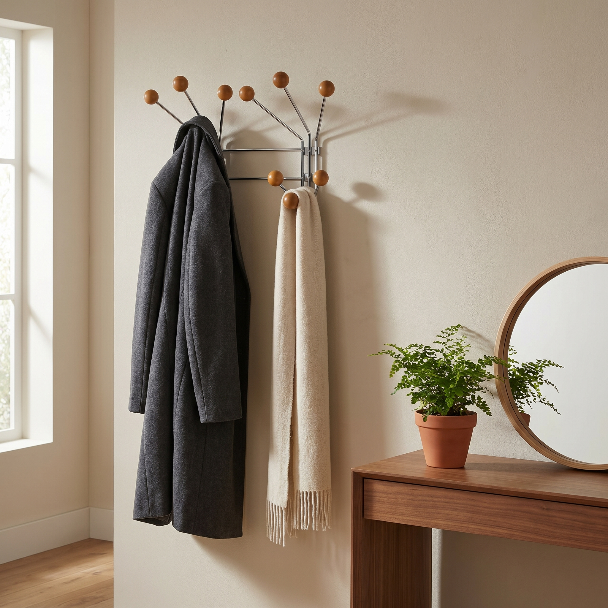 Wall Mounted Stellar Coat Rack in Chrome and Wood