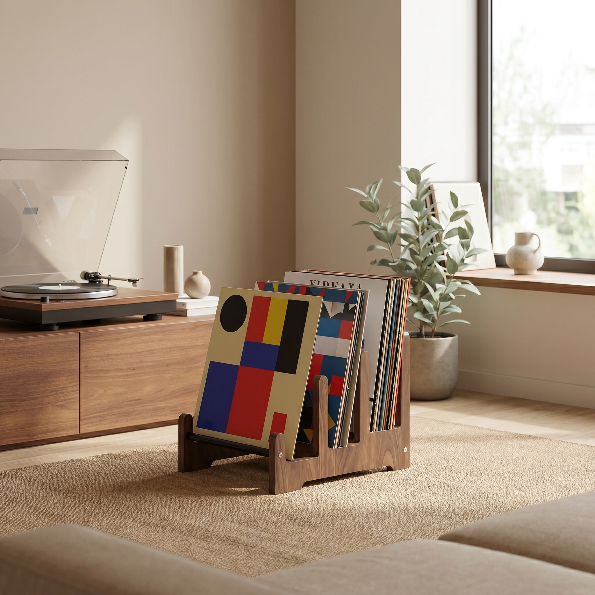 Freestanding Tempo Record Stand in Walnut and Iron