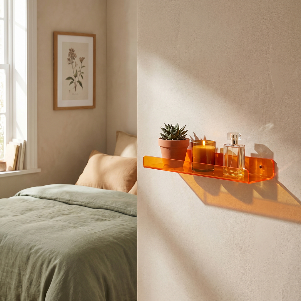 Drift floating acrylic shelf on a bedroom wall with a plant, candle and perfume