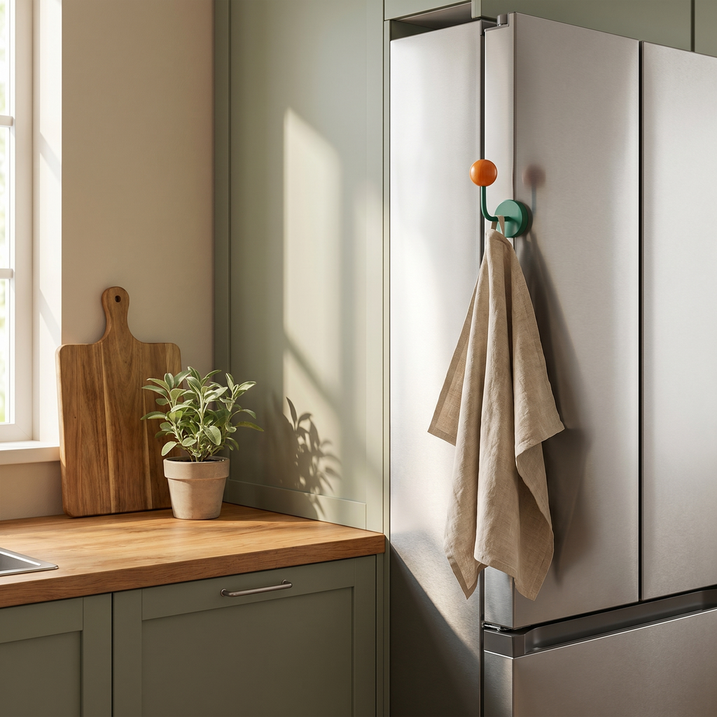 Dot magnetic hook on a fridge holding a tea towel