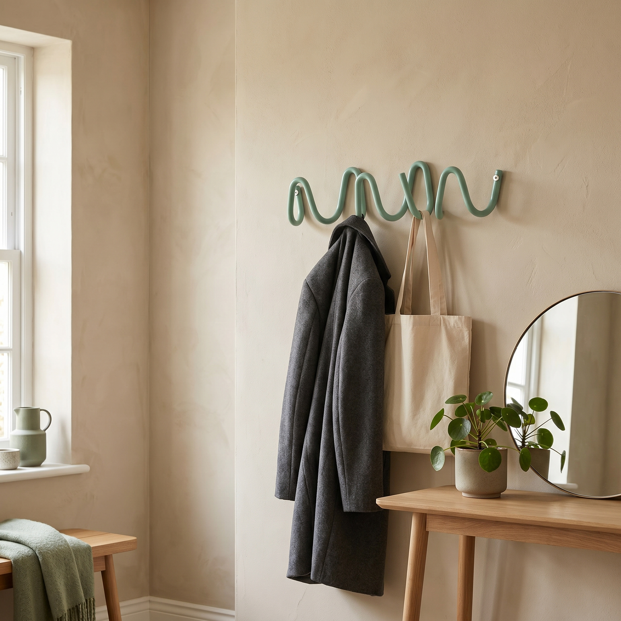 Seafoam Wave Hook Rail mounted in an entryway with a coat and tote bag
