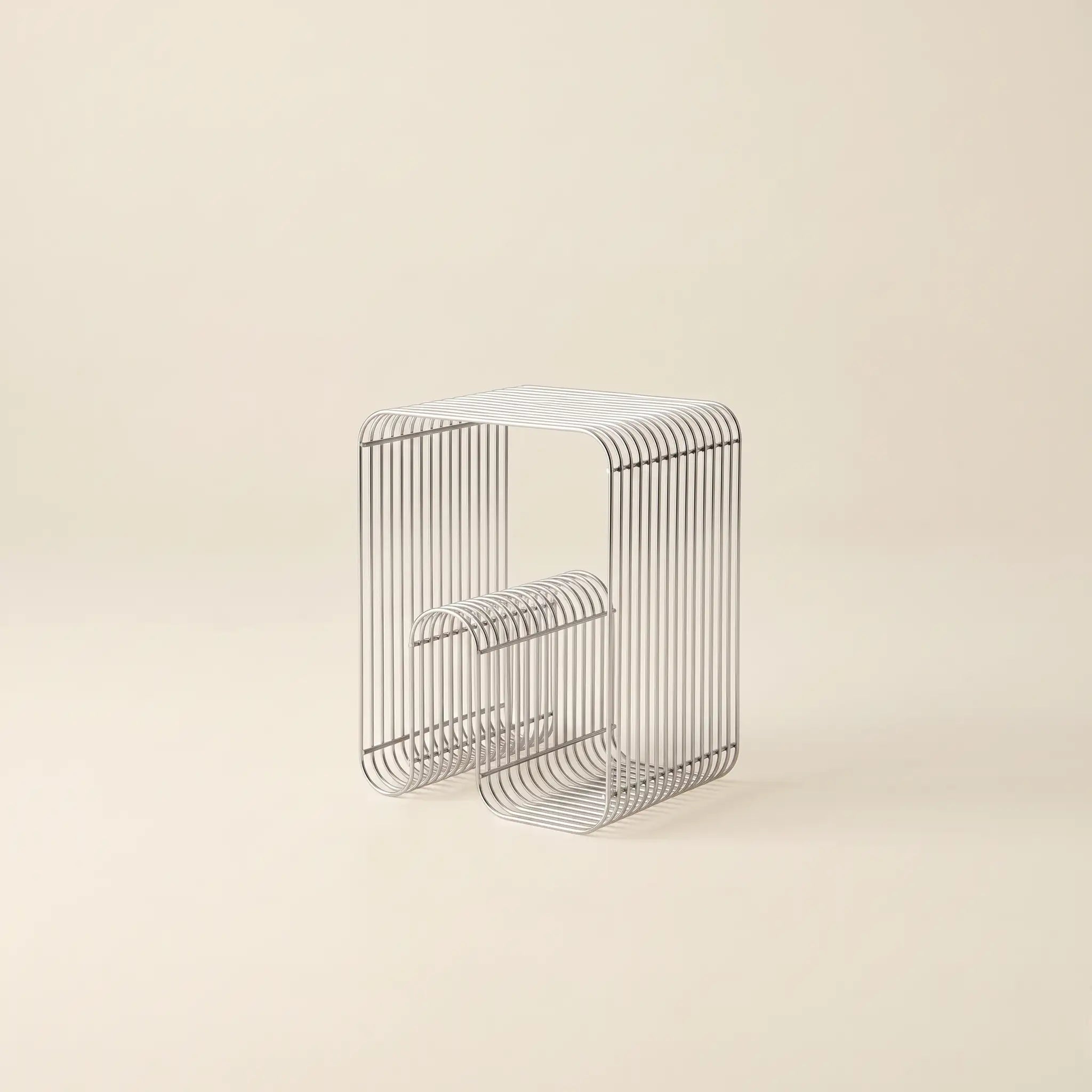 Linea Side Table in Silver — polished stainless steel wire side table and magazine rack