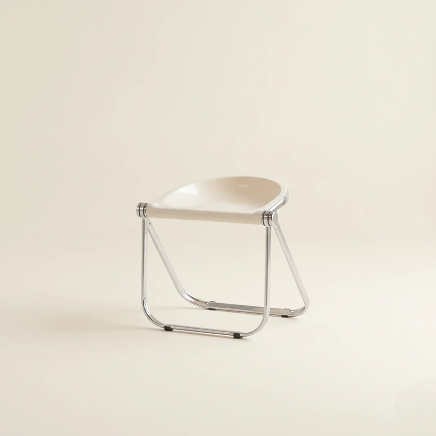 Lucent Folding Stool in White — opaque seat, chrome folding frame