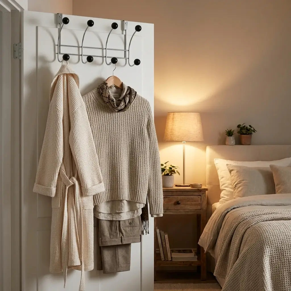 Over-Door Nomad Rack in Chrome and Wood — 4 Hooks in Black - Lifestyle Shot