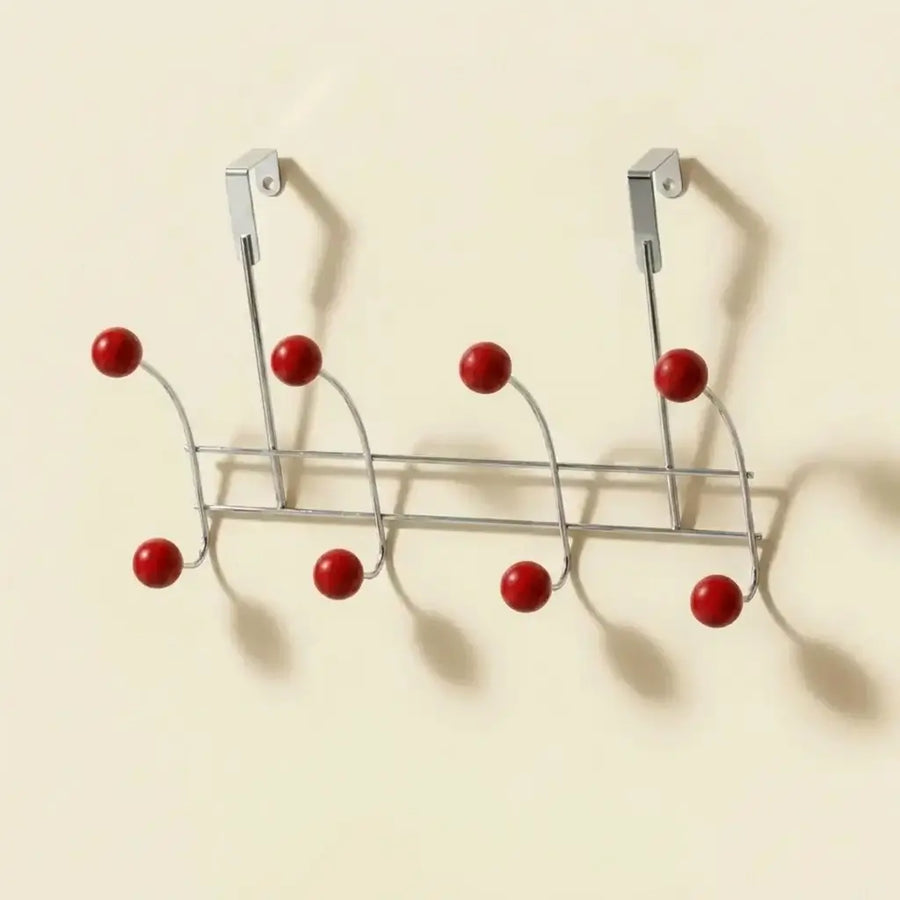 Over-Door Nomad Rack in Chrome and Wood — 4 Hooks in Red