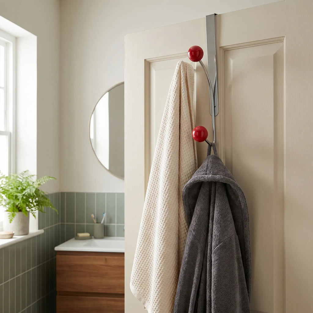 Nomad over-door rack on a bathroom door holding a towel and robe