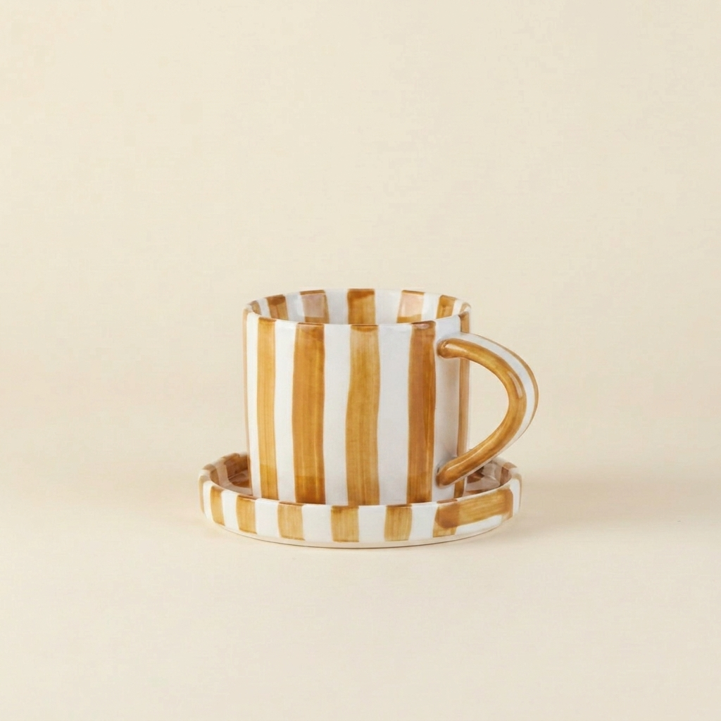 Brown striped ceramic cup and saucer