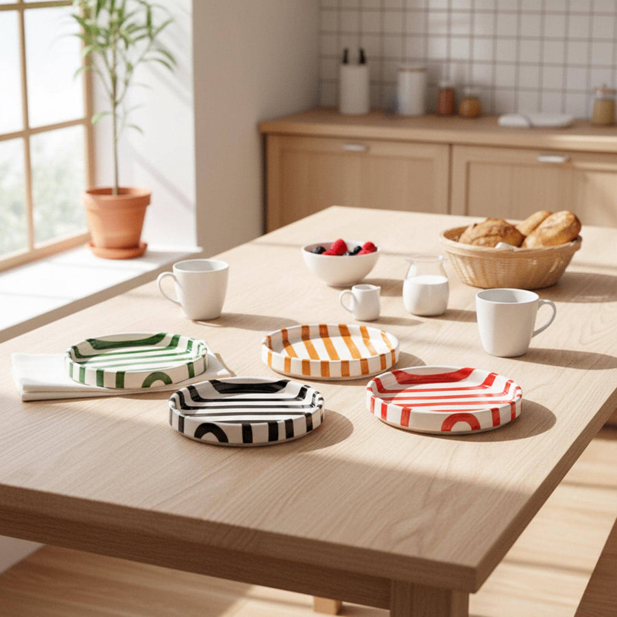 Striped ceramic side plate colourways