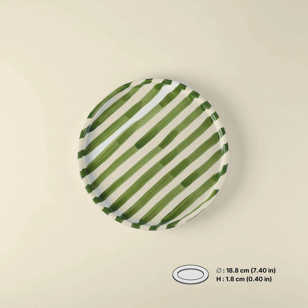 Green hand-painted striped ceramic plate 18.8 cm
