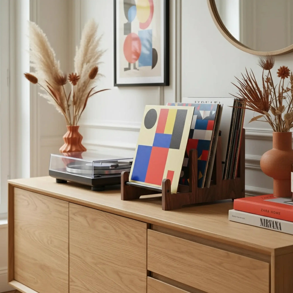 Freestanding Tempo Record Stand in Walnut and Iron — alternate view 3
